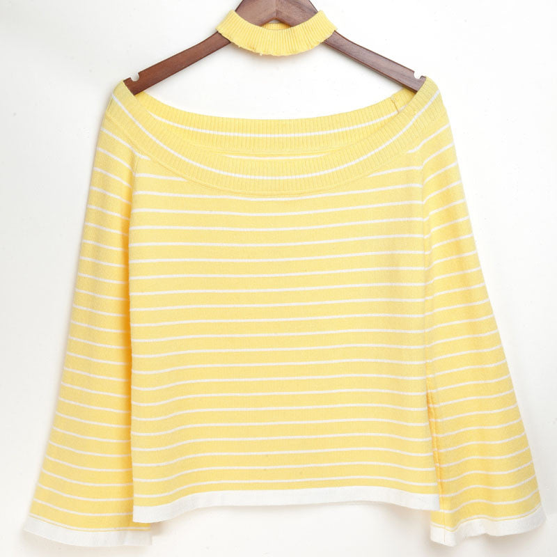 Sexy Striped Sweater Off Shoulders Blue Women Long Sleeve Knitted Pullover Sueter Invierno Mujer Sweater Women Plus Size 50N0699