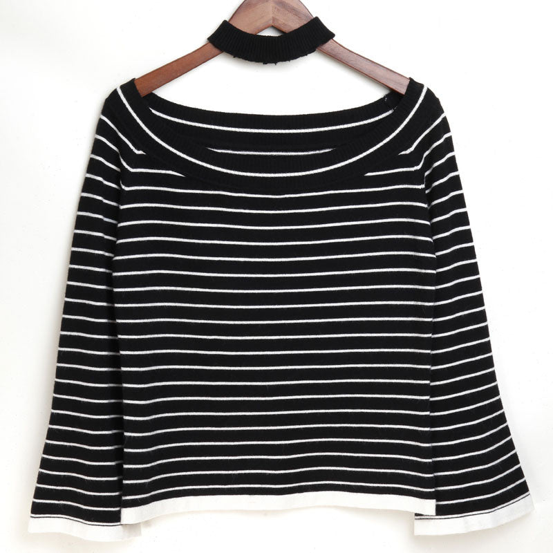 Sexy Striped Sweater Off Shoulders Blue Women Long Sleeve Knitted Pullover Sueter Invierno Mujer Sweater Women Plus Size 50N0699