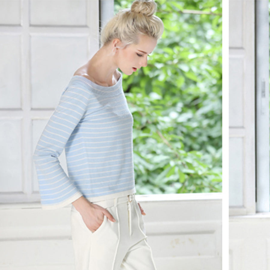 Sexy Striped Sweater Off Shoulders Blue Women Long Sleeve Knitted Pullover Sueter Invierno Mujer Sweater Women Plus Size 50N0699