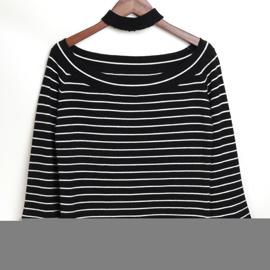 Sexy Striped Sweater Off Shoulders Blue Women Long Sleeve Knitted Pullover Sueter Invierno Mujer Sweater Women Plus Size 50N0699