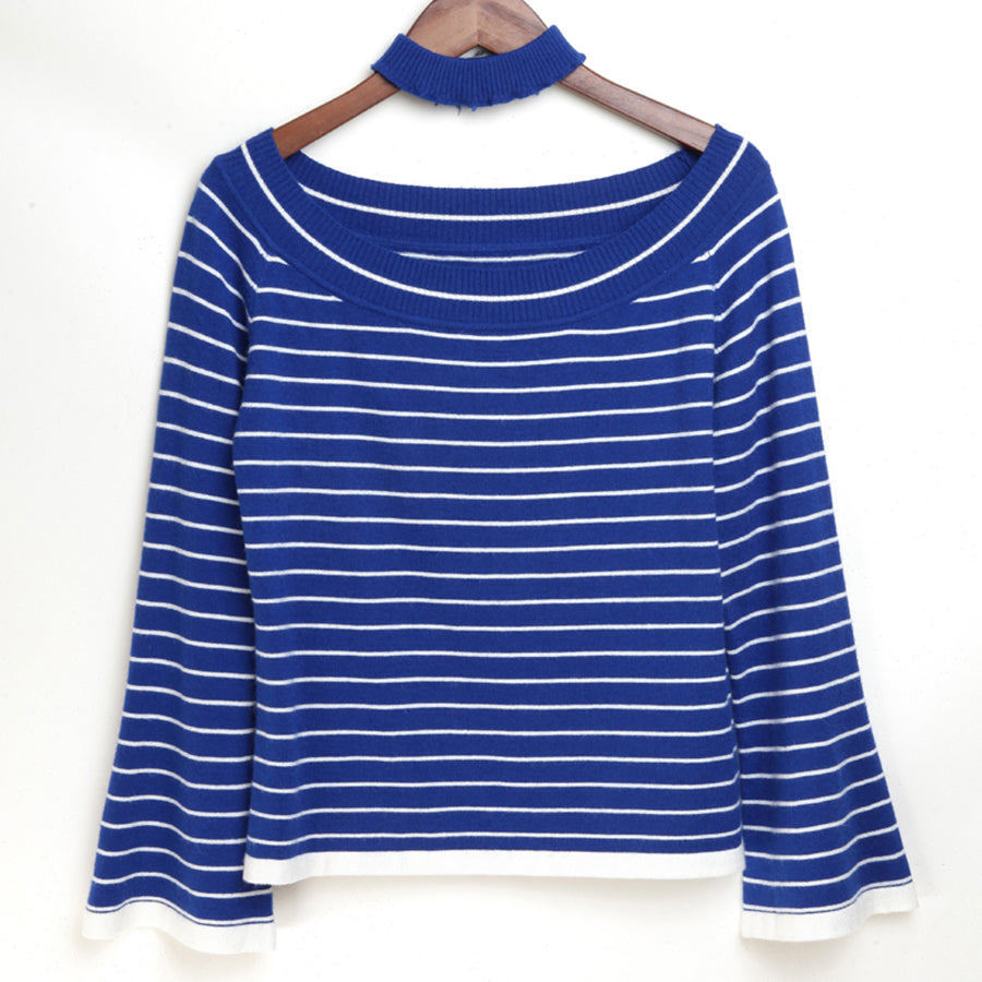 Sexy Striped Sweater Off Shoulders Blue Women Long Sleeve Knitted Pullover Sueter Invierno Mujer Sweater Women Plus Size 50N0699