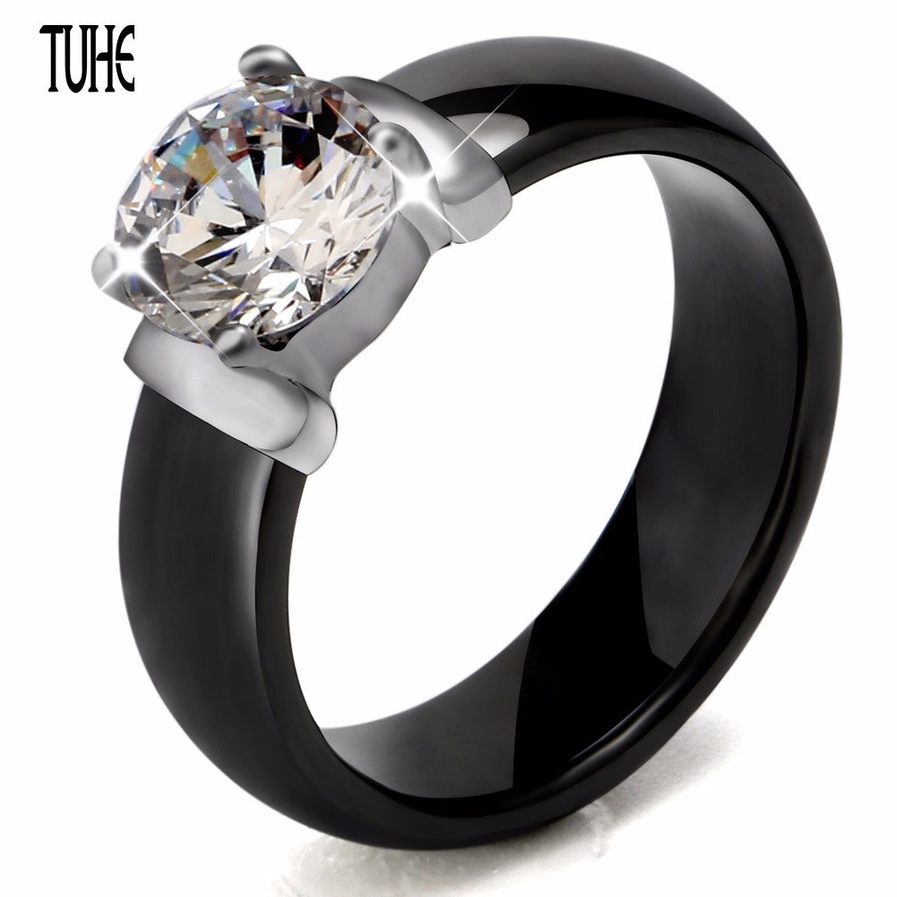 6mm White Black Ceramic Rings Plus Big Cubic Zirconia For Women Stainless Steel Women Wedding Ring Engagement Jewelry Never Fade