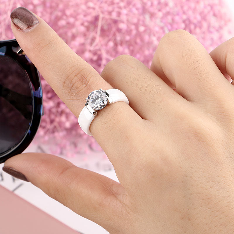 6mm White Black Ceramic Rings Plus Big Cubic Zirconia For Women Stainless Steel Women Wedding Ring Engagement Jewelry Never Fade