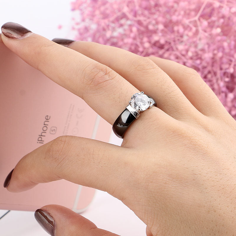 6mm White Black Ceramic Rings Plus Big Cubic Zirconia For Women Stainless Steel Women Wedding Ring Engagement Jewelry Never Fade
