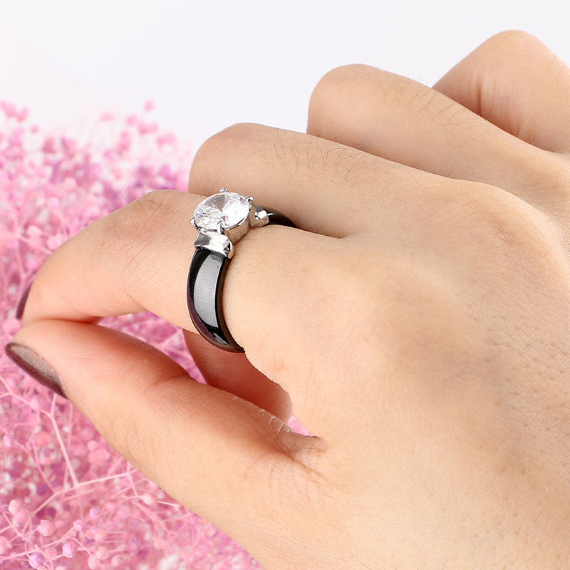6mm White Black Ceramic Rings Plus Big Cubic Zirconia For Women Stainless Steel Women Wedding Ring Engagement Jewelry Never Fade
