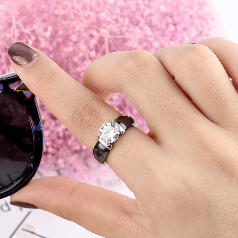 6mm White Black Ceramic Rings Plus Big Cubic Zirconia For Women Stainless Steel Women Wedding Ring Engagement Jewelry Never Fade