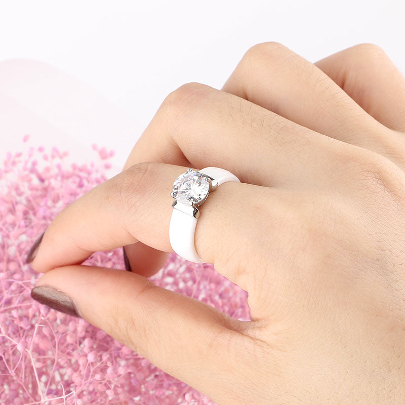 6mm White Black Ceramic Rings Plus Big Cubic Zirconia For Women Stainless Steel Women Wedding Ring Engagement Jewelry Never Fade