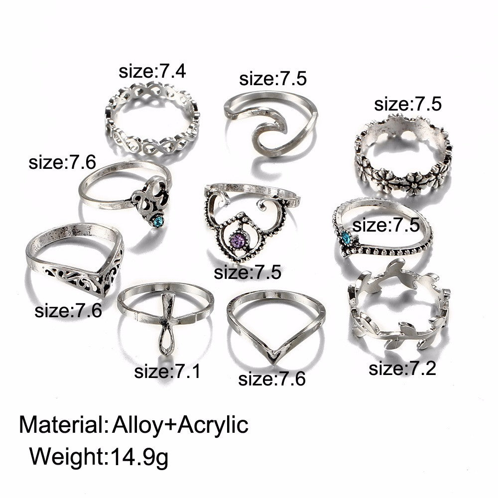 10PCs/Set Vintage Hollowout Carved V-shaped Flowers Artificial Stone Knuckle Ring Sets AR1