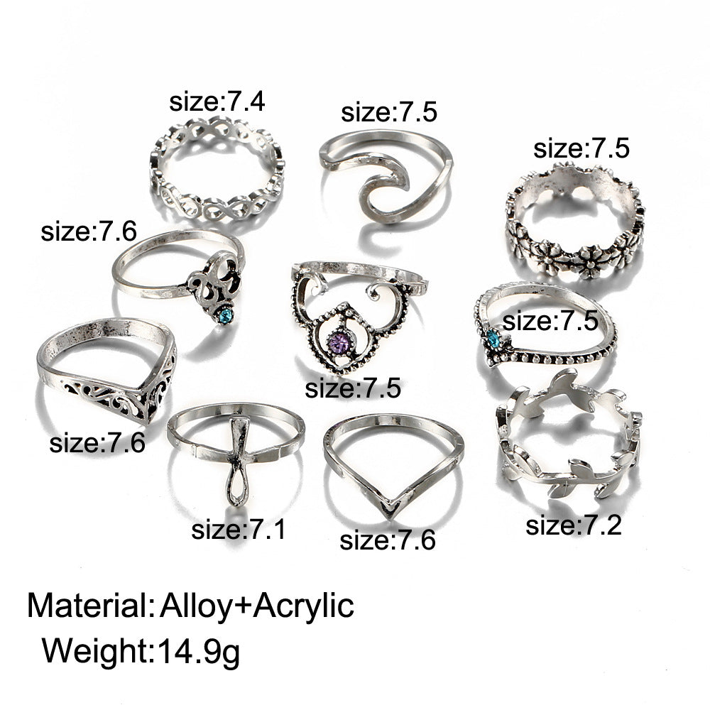 10PCs/Set Vintage Hollowout Carved V-shaped Flowers Artificial Stone Knuckle Ring Sets AR1