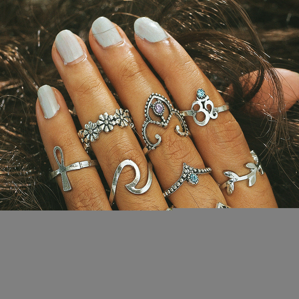 10PCs/Set Vintage Hollowout Carved V-shaped Flowers Artificial Stone Knuckle Ring Sets AR1