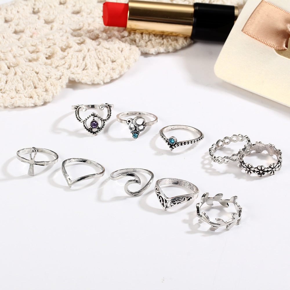 10PCs/Set Vintage Hollowout Carved V-shaped Flowers Artificial Stone Knuckle Ring Sets AR1