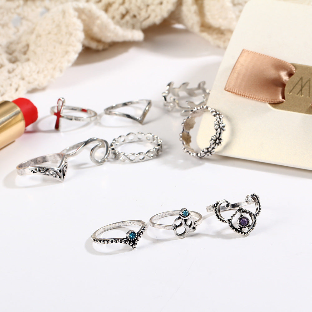 10PCs/Set Vintage Hollowout Carved V-shaped Flowers Artificial Stone Knuckle Ring Sets AR1