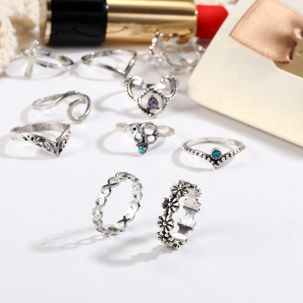 10PCs/Set Vintage Hollowout Carved V-shaped Flowers Artificial Stone Knuckle Ring Sets AR1