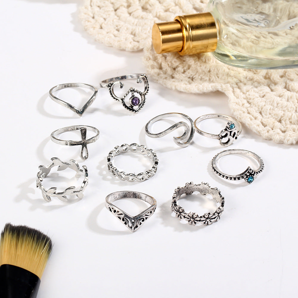 10PCs/Set Vintage Hollowout Carved V-shaped Flowers Artificial Stone Knuckle Ring Sets AR1