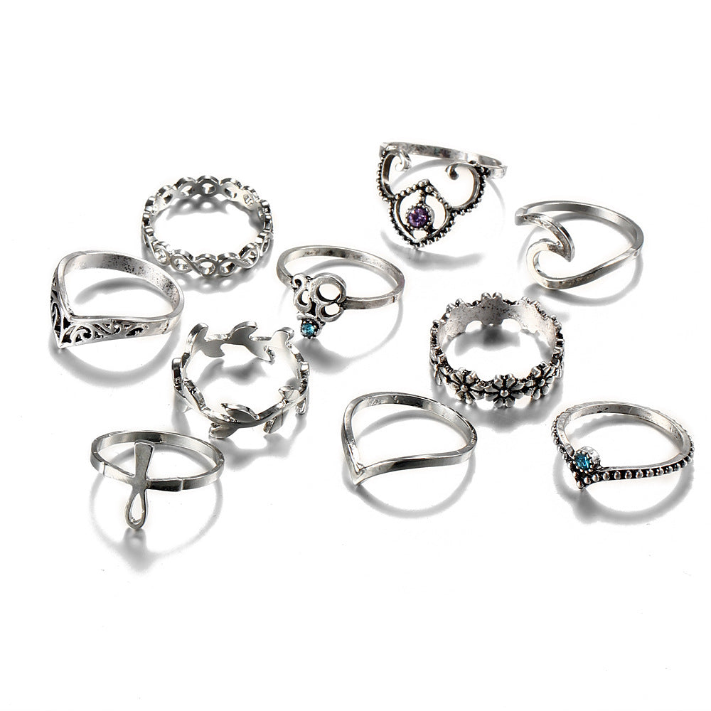 10PCs/Set Vintage Hollowout Carved V-shaped Flowers Artificial Stone Knuckle Ring Sets AR1