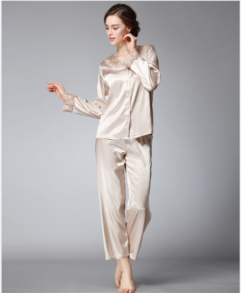 Satin Pajama Sets Women Imitated silk long pants lace sleepwear sexy lady Nightwear 2 Pieces SJYT54