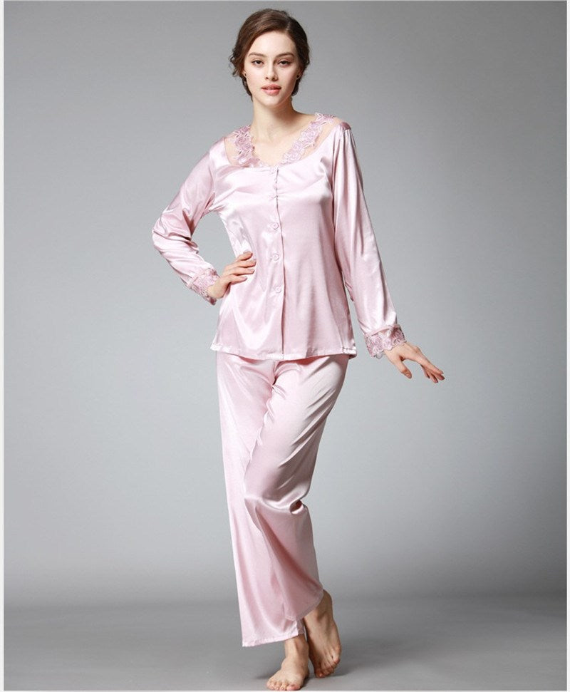 Satin Pajama Sets Women Imitated silk long pants lace sleepwear sexy lady Nightwear 2 Pieces SJYT54