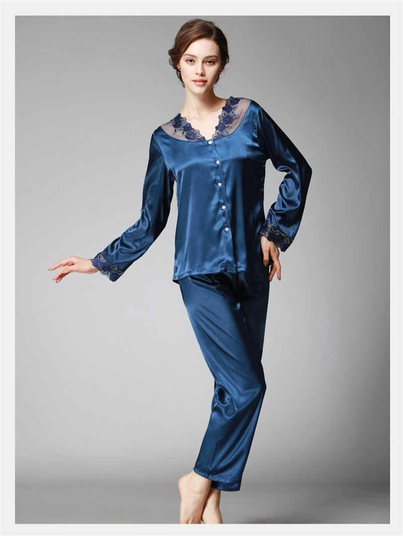 Satin Pajama Sets Women Imitated silk long pants lace sleepwear sexy lady Nightwear 2 Pieces SJYT54