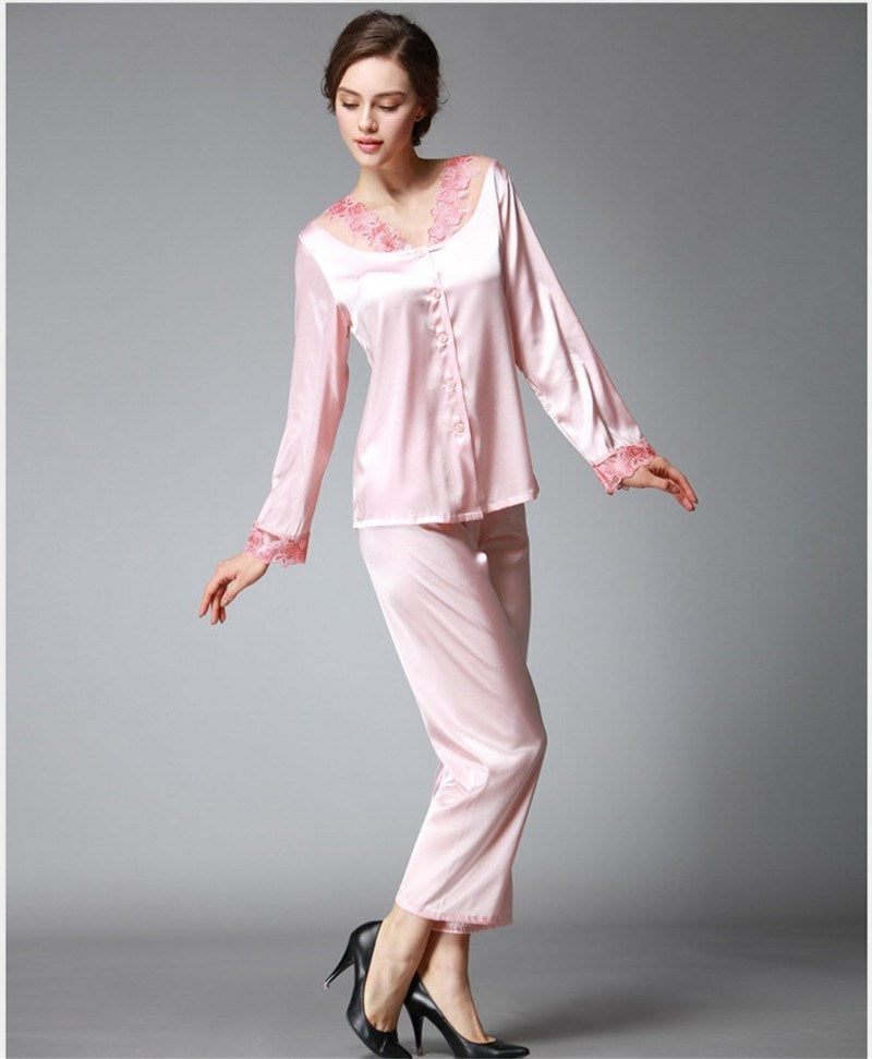 Satin Pajama Sets Women Imitated silk long pants lace sleepwear sexy lady Nightwear 2 Pieces SJYT54