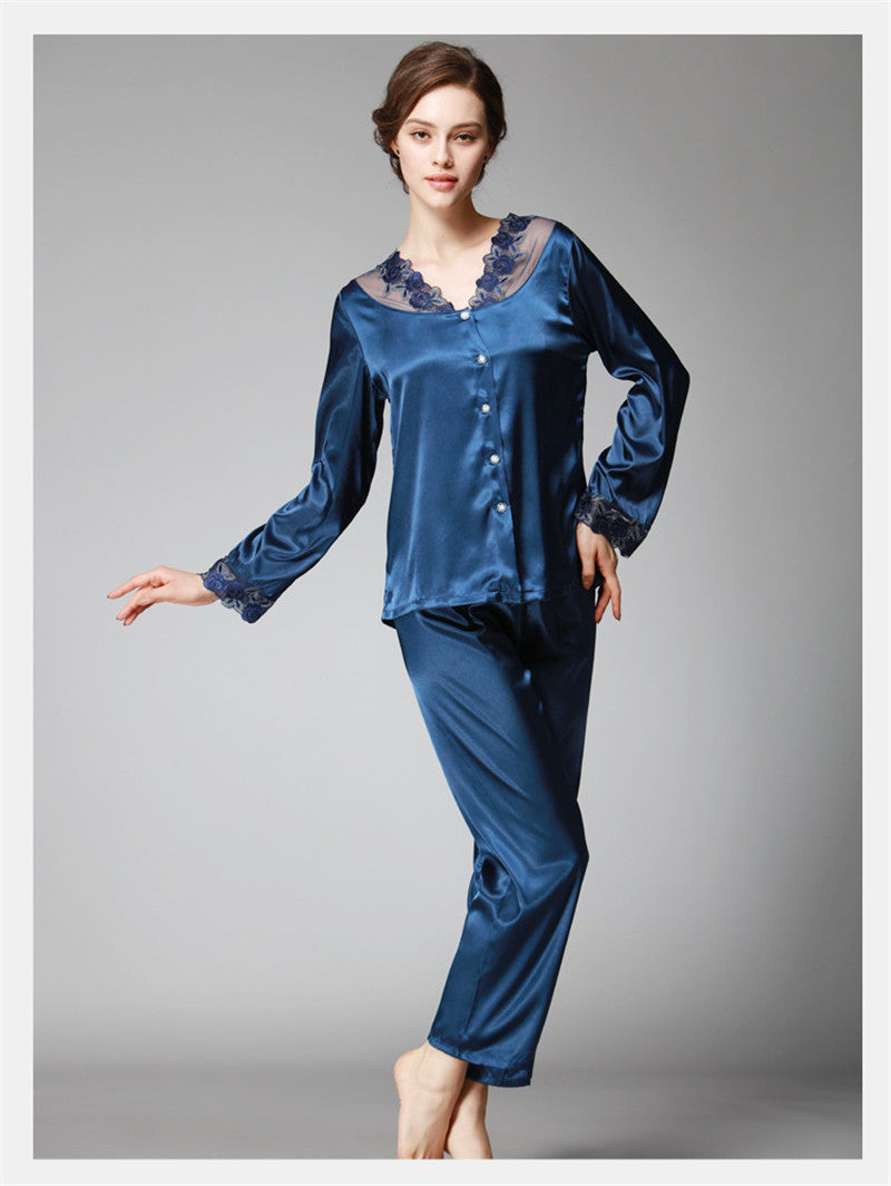 Satin Pajama Sets Women Imitated silk long pants lace sleepwear sexy lady Nightwear 2 Pieces SJYT54