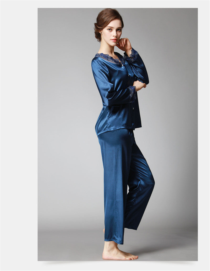 Satin Pajama Sets Women Imitated silk long pants lace sleepwear sexy lady Nightwear 2 Pieces SJYT54