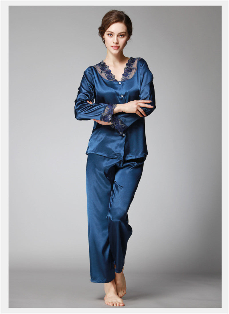 Satin Pajama Sets Women Imitated silk long pants lace sleepwear sexy lady Nightwear 2 Pieces SJYT54