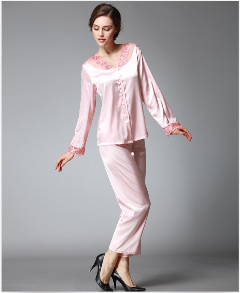 Satin Pajama Sets Women Imitated silk long pants lace sleepwear sexy lady Nightwear 2 Pieces SJYT54