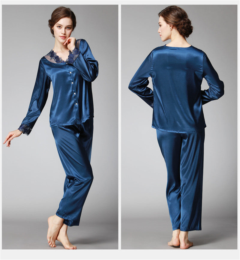 Satin Pajama Sets Women Imitated silk long pants lace sleepwear sexy lady Nightwear 2 Pieces SJYT54