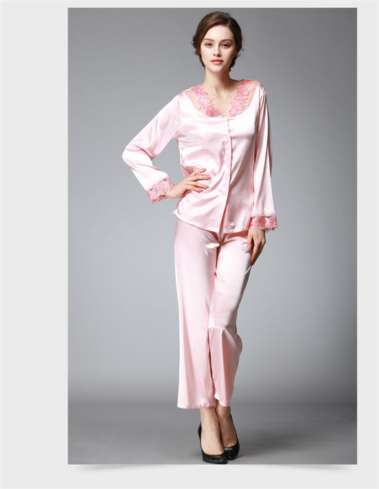Satin Pajama Sets Women Imitated silk long pants lace sleepwear sexy lady Nightwear 2 Pieces SJYT54