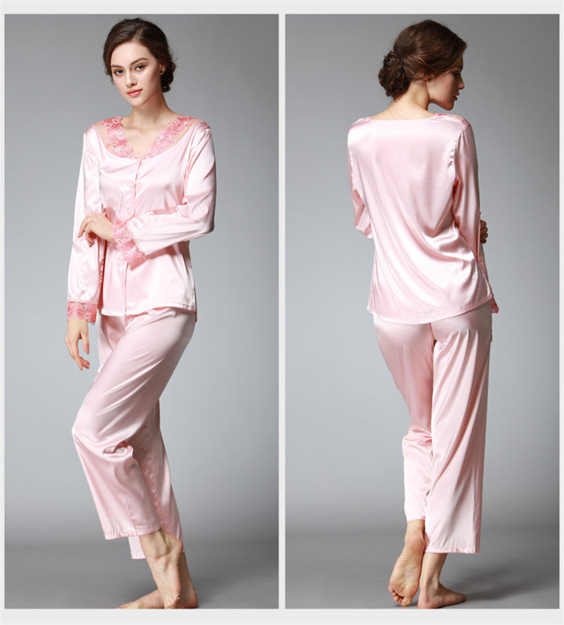 Satin Pajama Sets Women Imitated silk long pants lace sleepwear sexy lady Nightwear 2 Pieces SJYT54