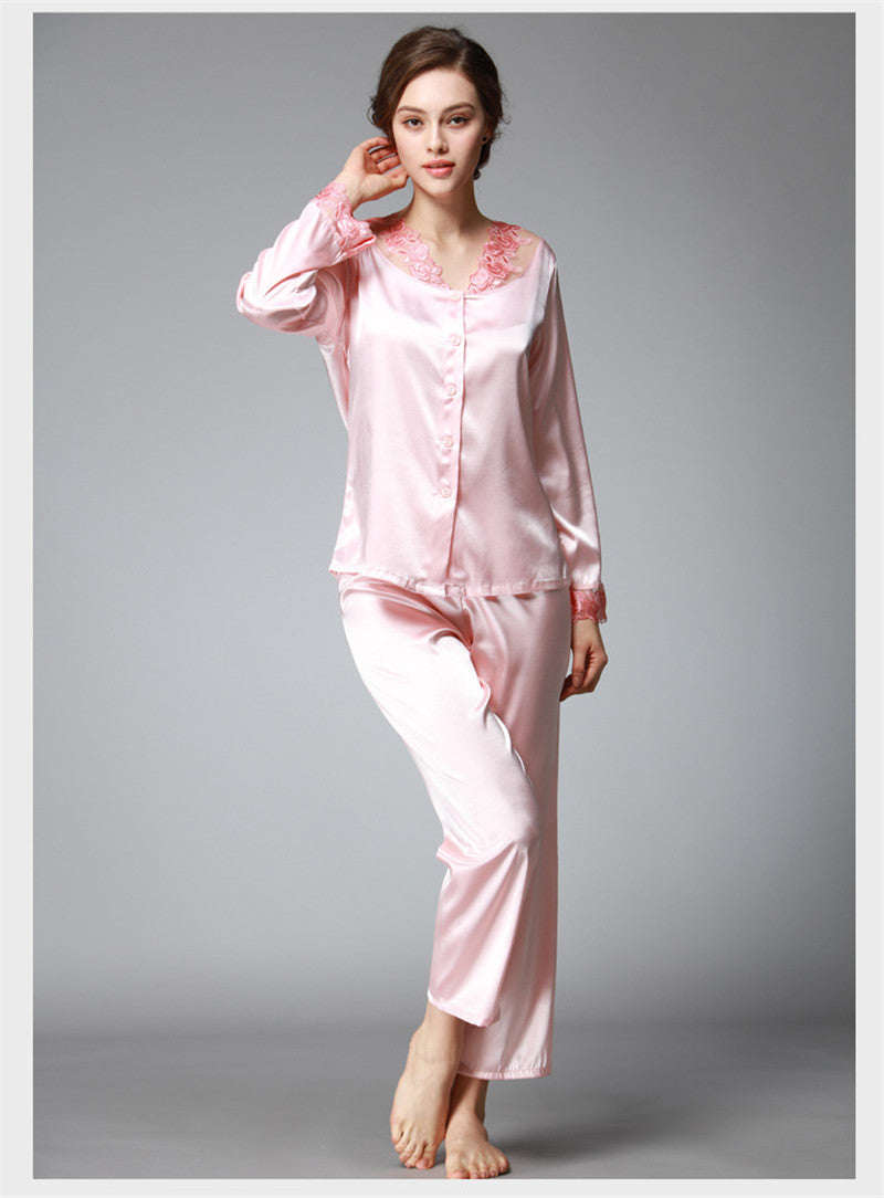 Satin Pajama Sets Women Imitated silk long pants lace sleepwear sexy lady Nightwear 2 Pieces SJYT54