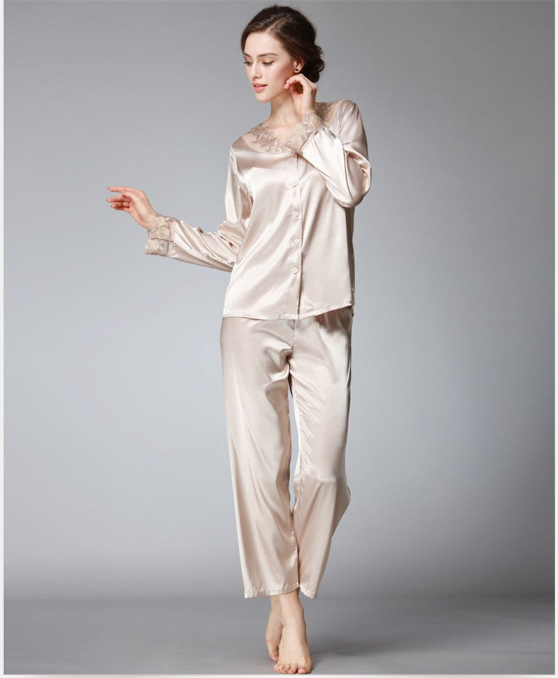 Satin Pajama Sets Women Imitated silk long pants lace sleepwear sexy lady Nightwear 2 Pieces SJYT54