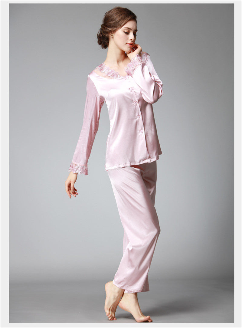 Satin Pajama Sets Women Imitated silk long pants lace sleepwear sexy lady Nightwear 2 Pieces SJYT54