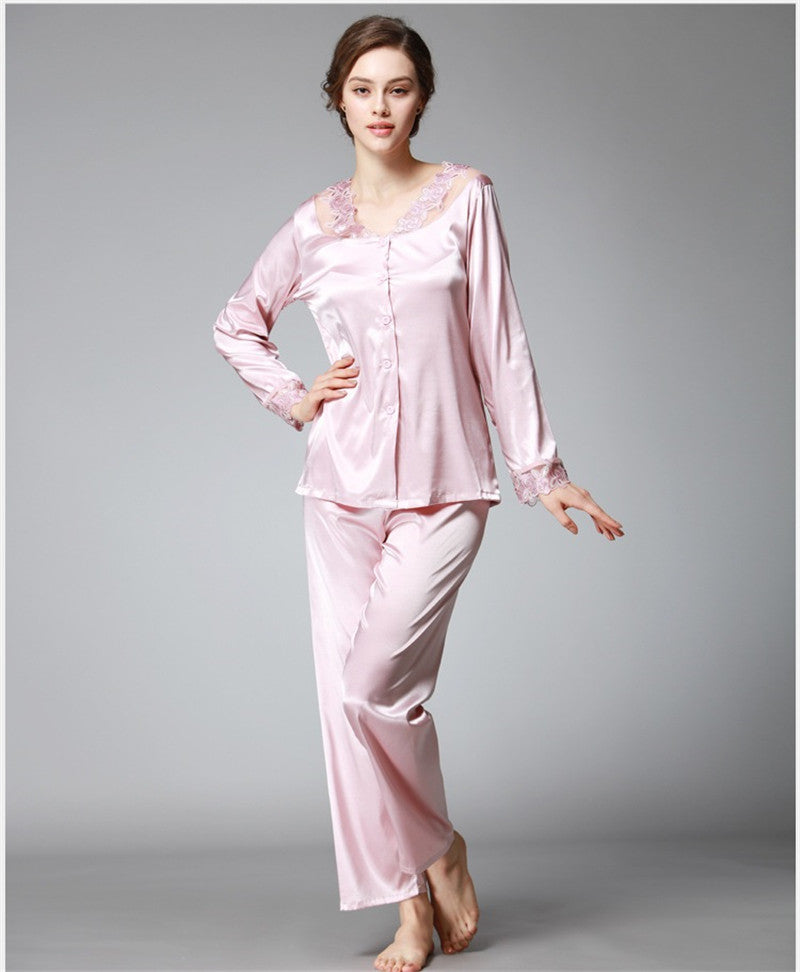 Satin Pajama Sets Women Imitated silk long pants lace sleepwear sexy lady Nightwear 2 Pieces SJYT54