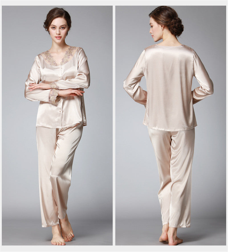 Satin Pajama Sets Women Imitated silk long pants lace sleepwear sexy lady Nightwear 2 Pieces SJYT54
