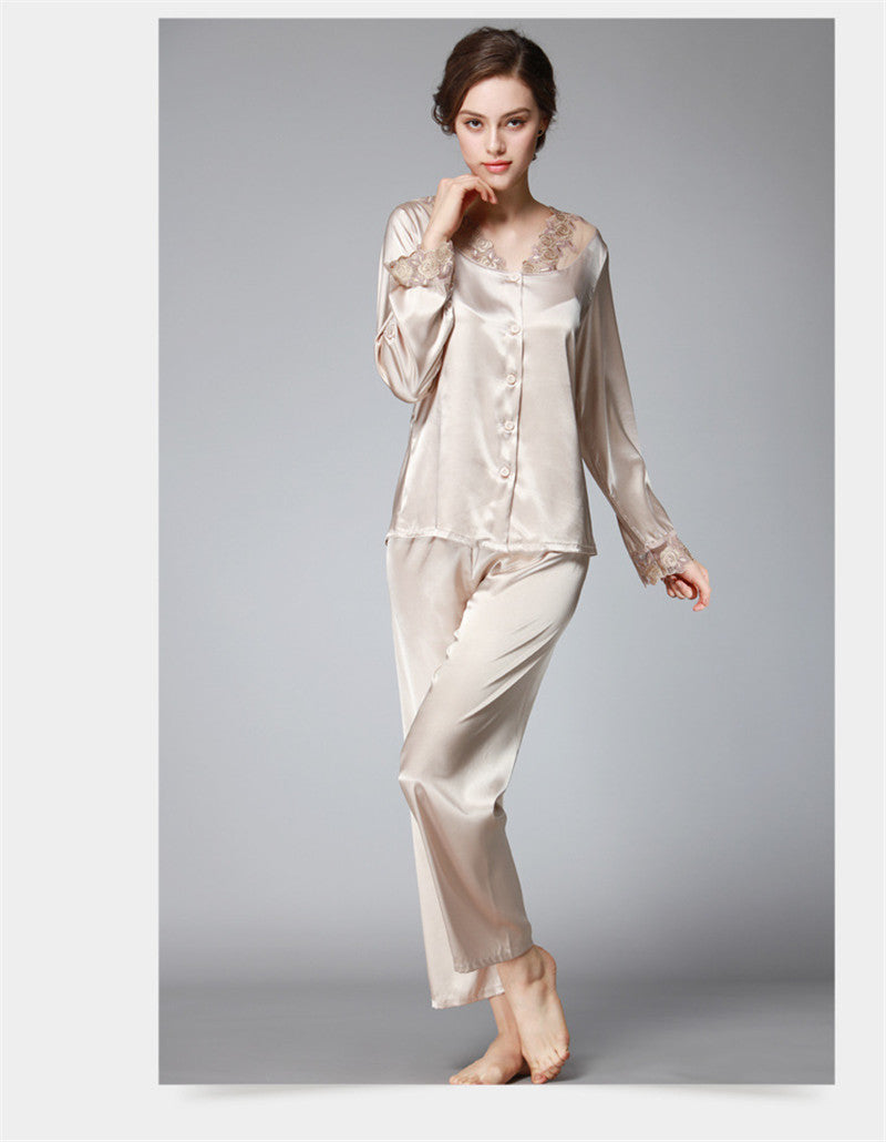 Satin Pajama Sets Women Imitated silk long pants lace sleepwear sexy lady Nightwear 2 Pieces SJYT54