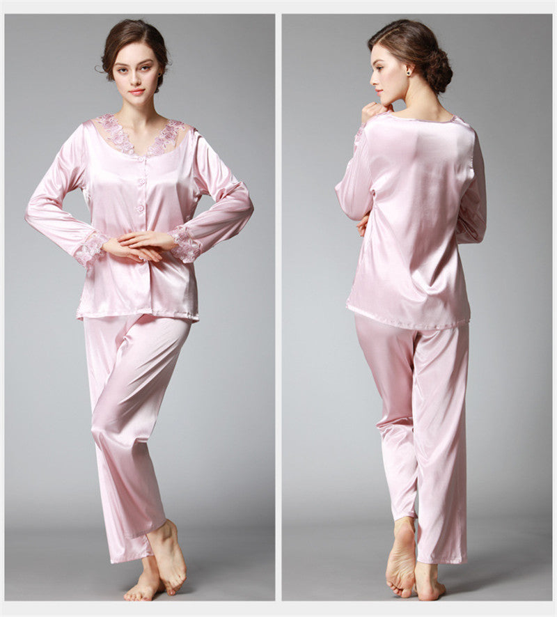 Satin Pajama Sets Women Imitated silk long pants lace sleepwear sexy lady Nightwear 2 Pieces SJYT54
