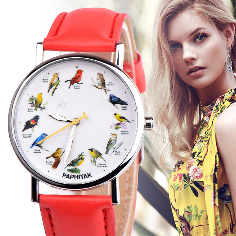 Fashion Birds Animal Round Dial Quartz Analog Women Date Shopping Wrist Watch