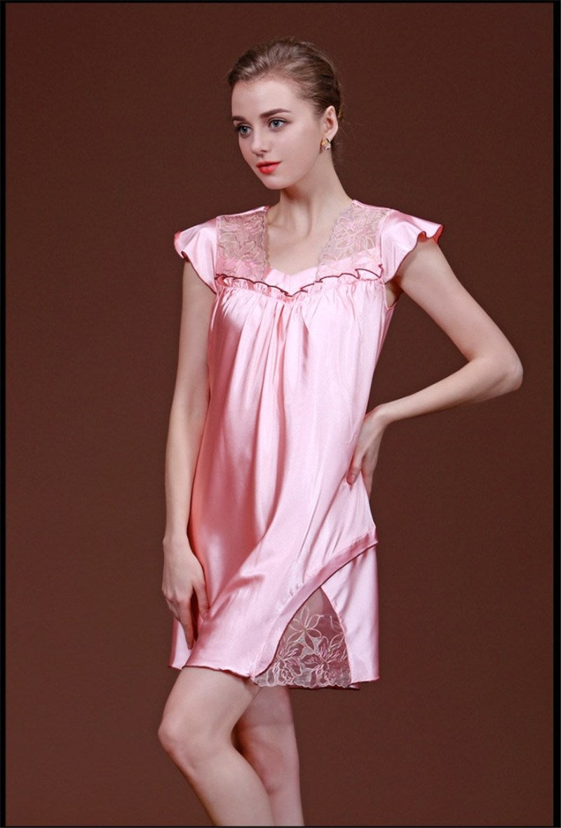 woman sleepwear satin nightgowns sleepshirts sexy lingerie for women short sleeve v neck SJYT103