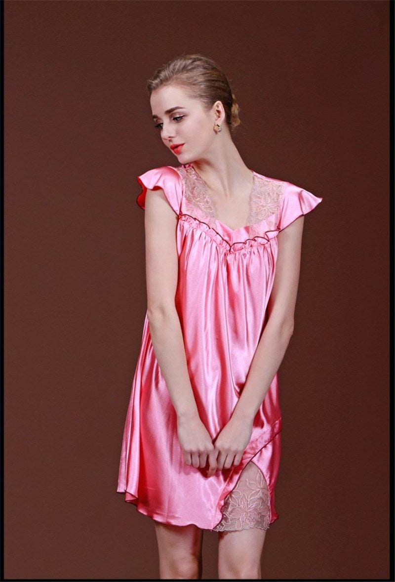 woman sleepwear satin nightgowns sleepshirts sexy lingerie for women short sleeve v neck SJYT103