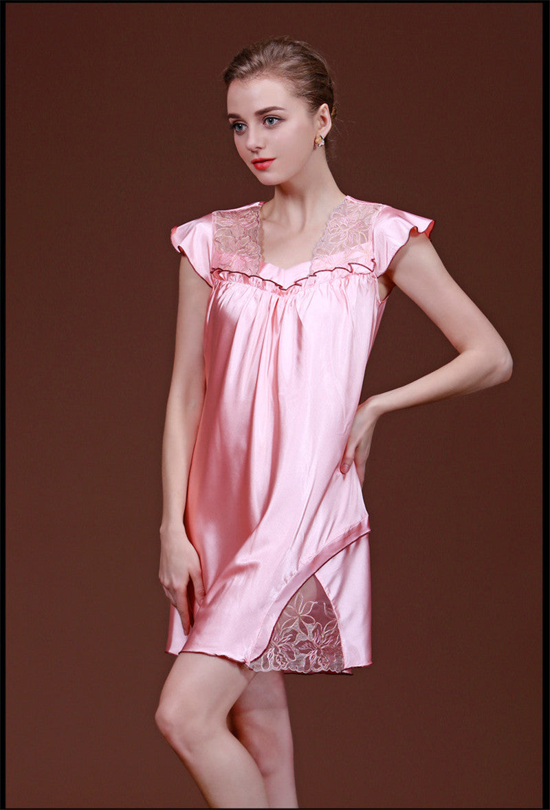 woman sleepwear satin nightgowns sleepshirts sexy lingerie for women short sleeve v neck SJYT103