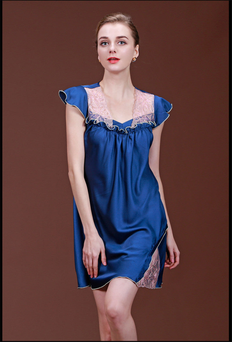 woman sleepwear satin nightgowns sleepshirts sexy lingerie for women short sleeve v neck SJYT103