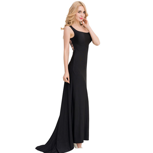 V1021 Elegant solid floral back embroidery perspective sleeveless maxi floor-length spring summer formal gown dress