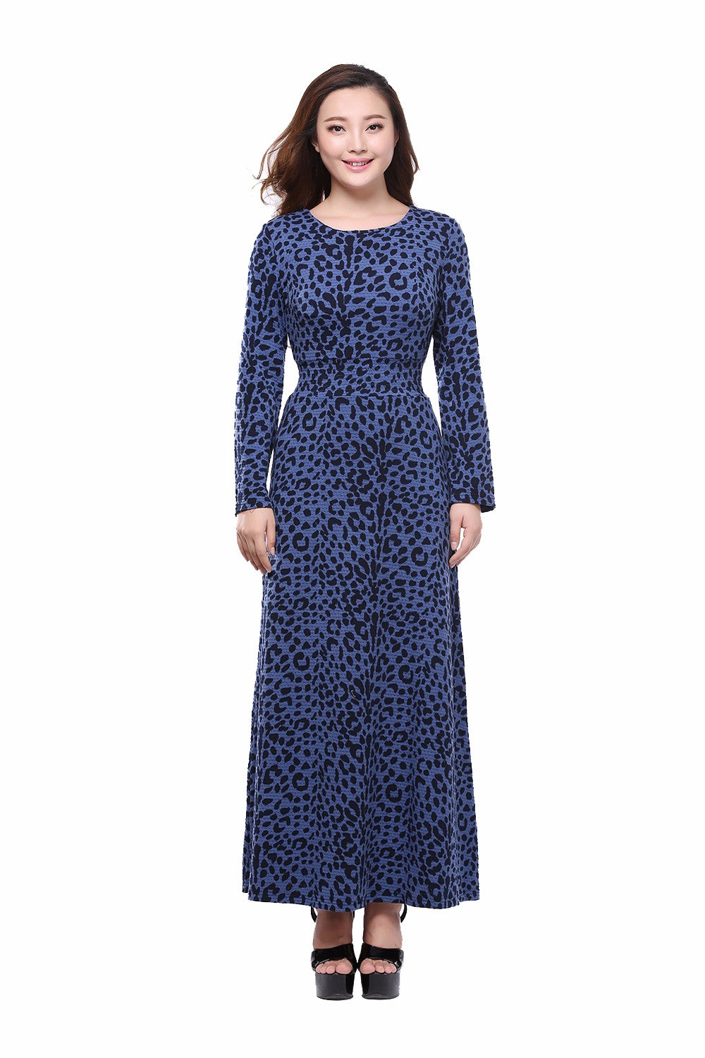 Vintage Blue Leopard Printed Plus Size Women Dress Long Sleeve Elastic band Waist Oversized Dresses Summer 6XL 4XL SQ-014
