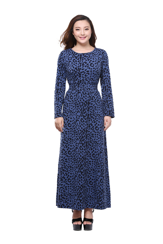 Vintage Blue Leopard Printed Plus Size Women Dress Long Sleeve Elastic band Waist Oversized Dresses Summer 6XL 4XL SQ-014