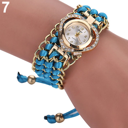 Women Fashion Love Heart Shiny Rhinestone Braid Band Analog Quartz Wrist Watch