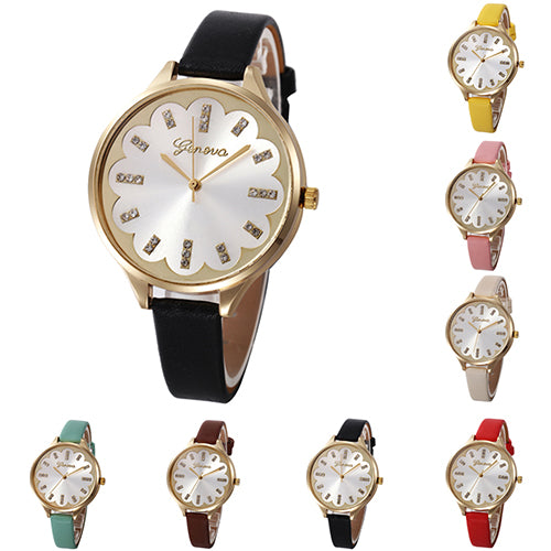 Hot Women Flower Dial Rhinestone Geneva Wristwatch Slim Faux Leather Band Watch