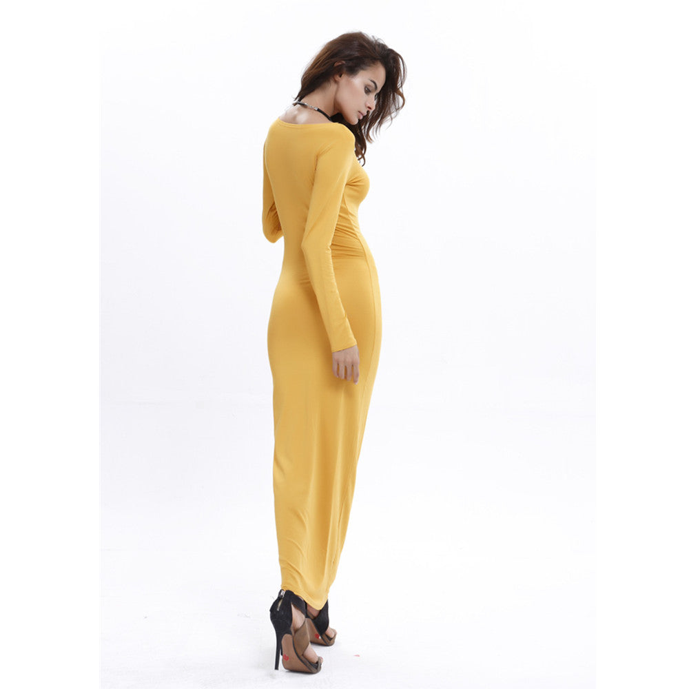 Long Sleeve Solid Bodycon Dresses Women's Elastic Elegant Ankle Length Dress