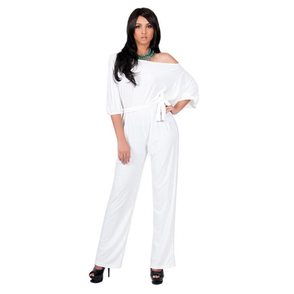 With Belt Women Sexy Plus Size Off Shoulder Slash Neck Jumpsuits