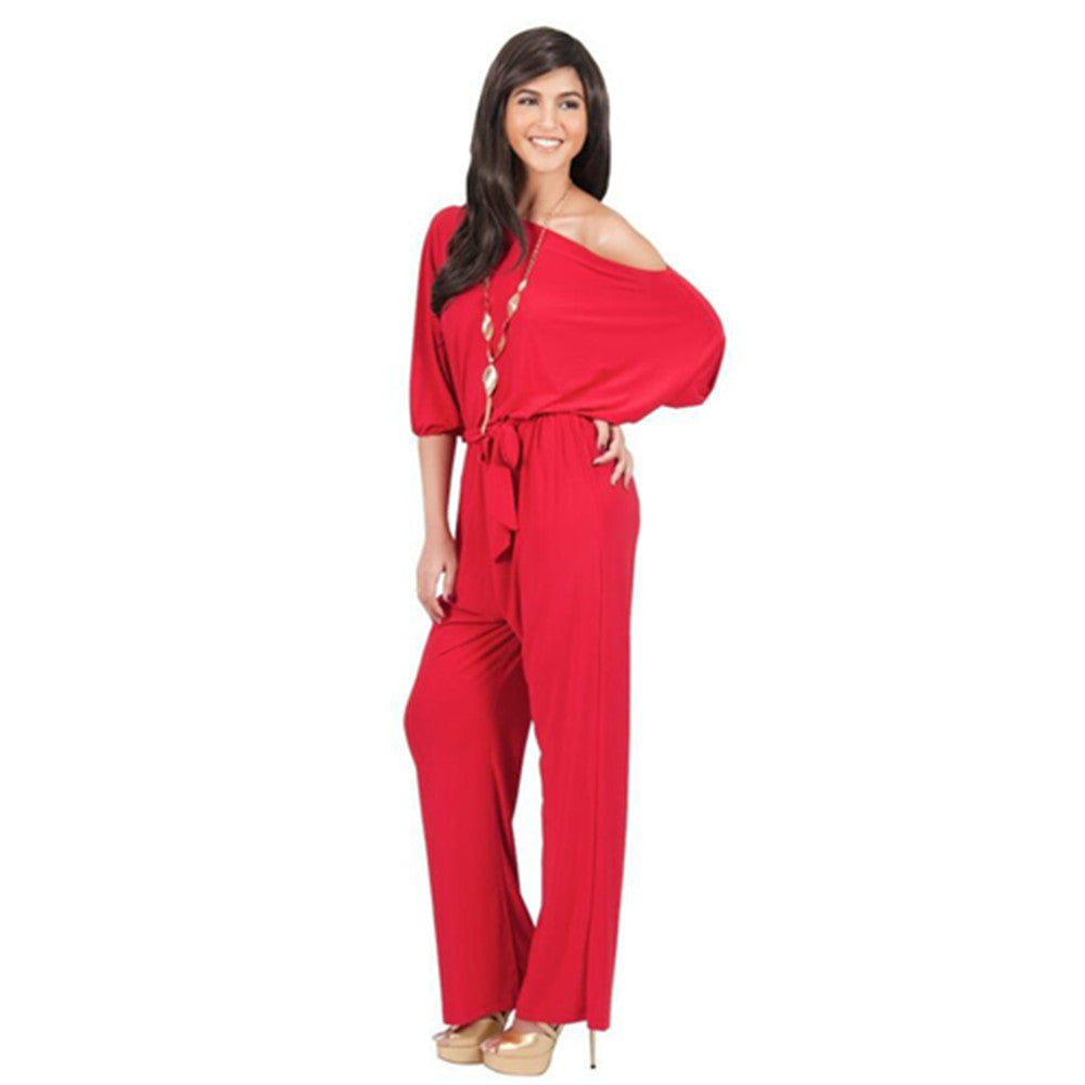With Belt Women Sexy Plus Size Off Shoulder Slash Neck Jumpsuits